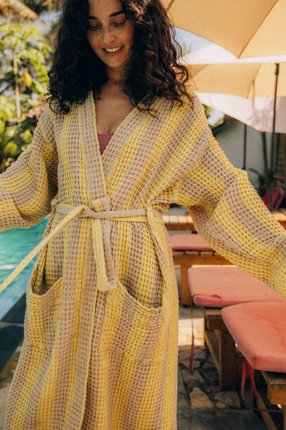 Cream Waffle Checked Bathrobe