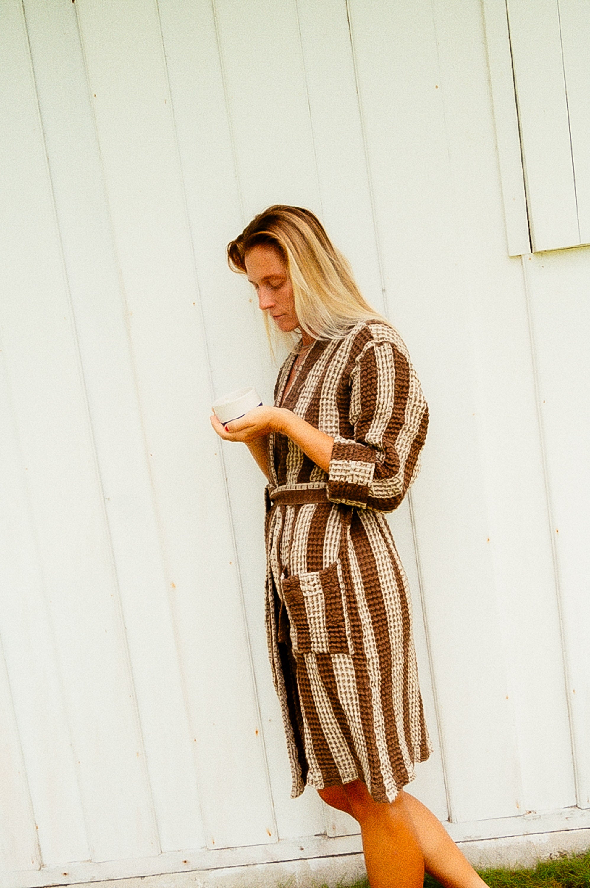 Cream Waffle Checked Bathrobe