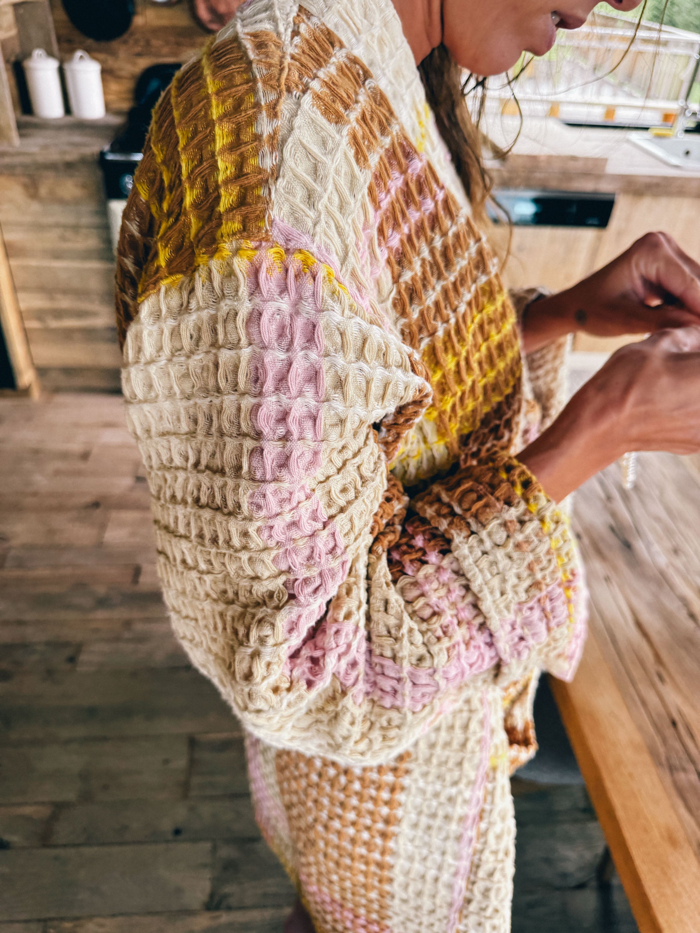 Cream Waffle Checked Bathrobe