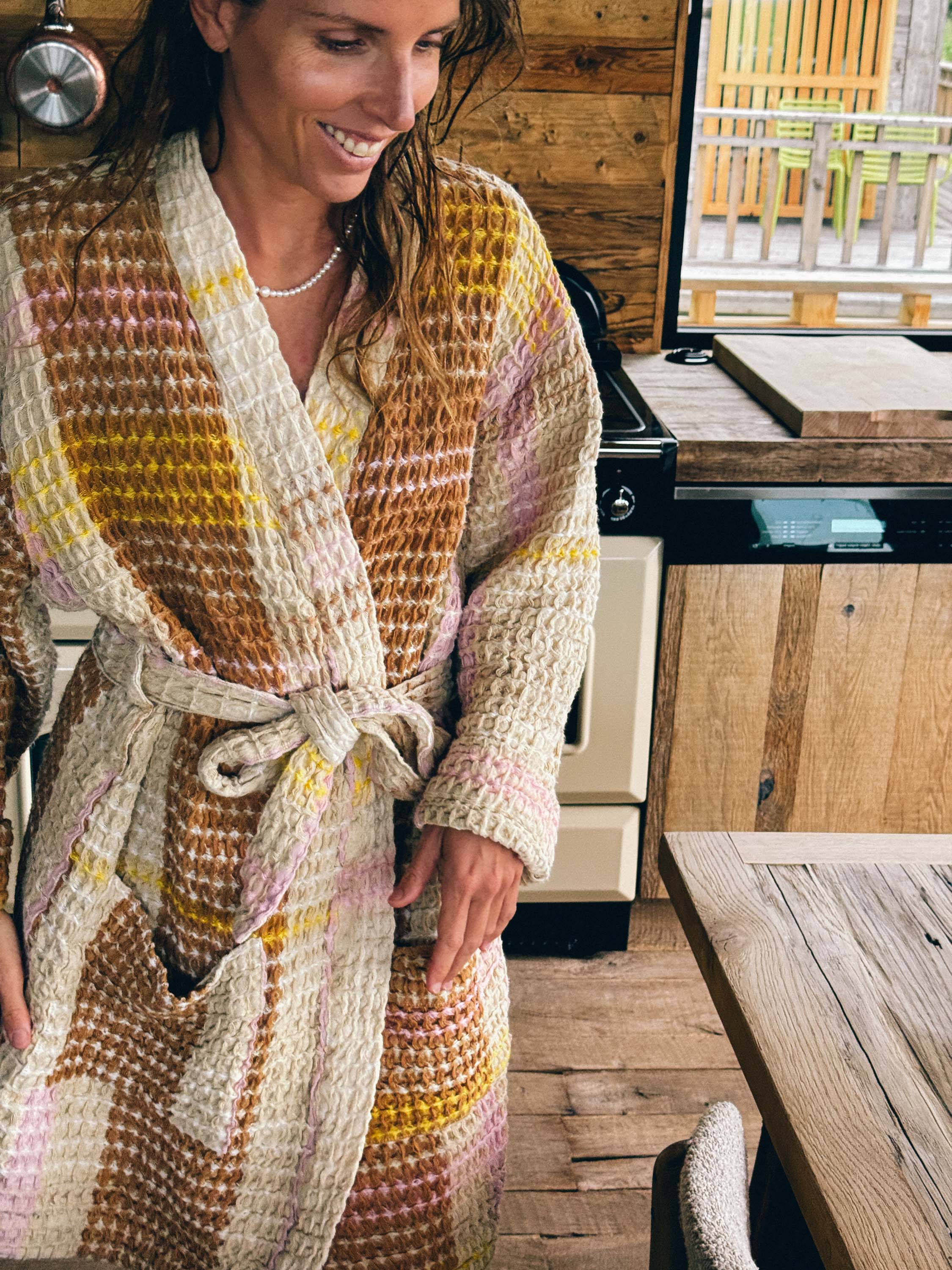 Cream Waffle Checked Bathrobe