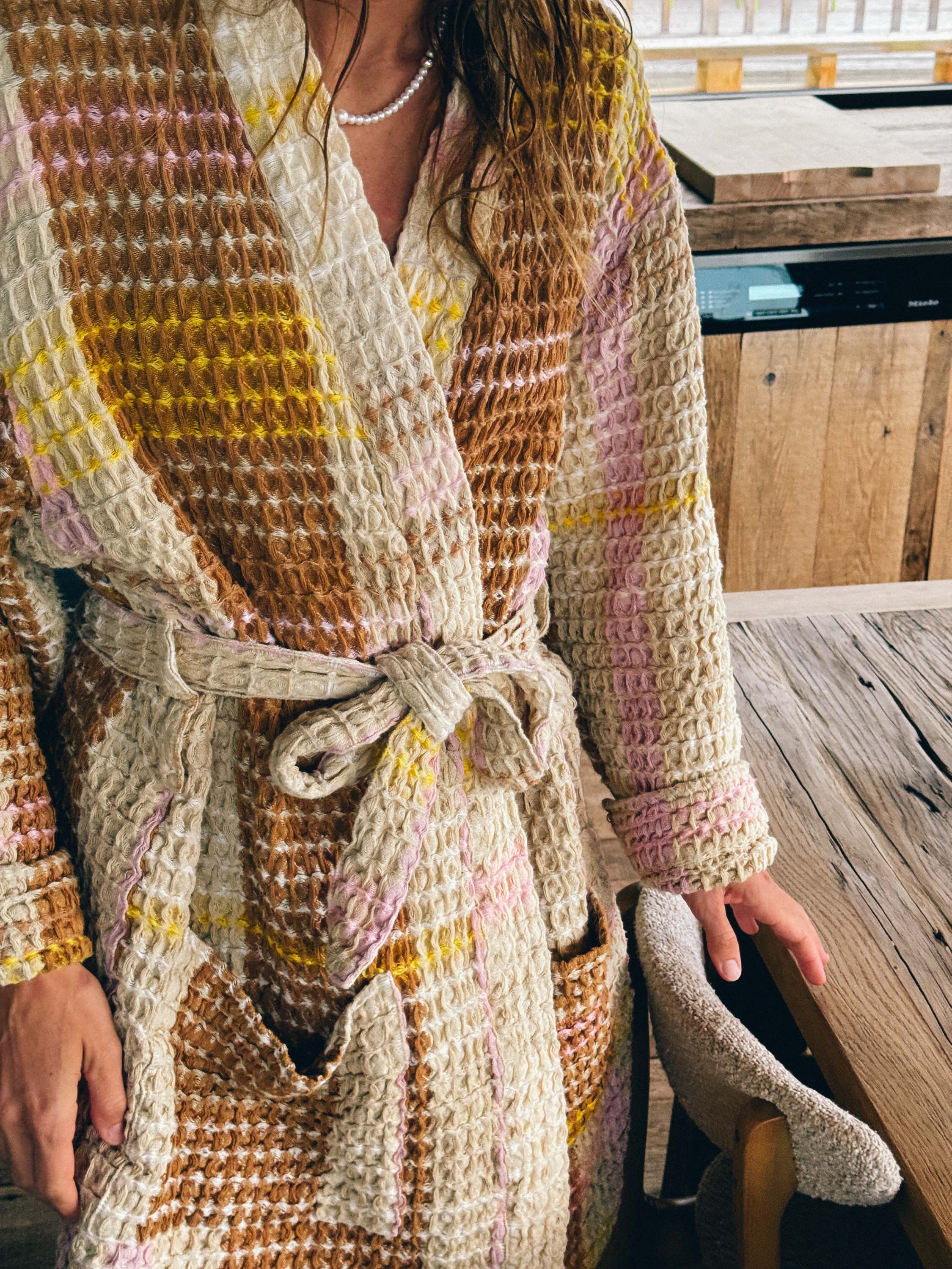 Cream Waffle Checked Bathrobe