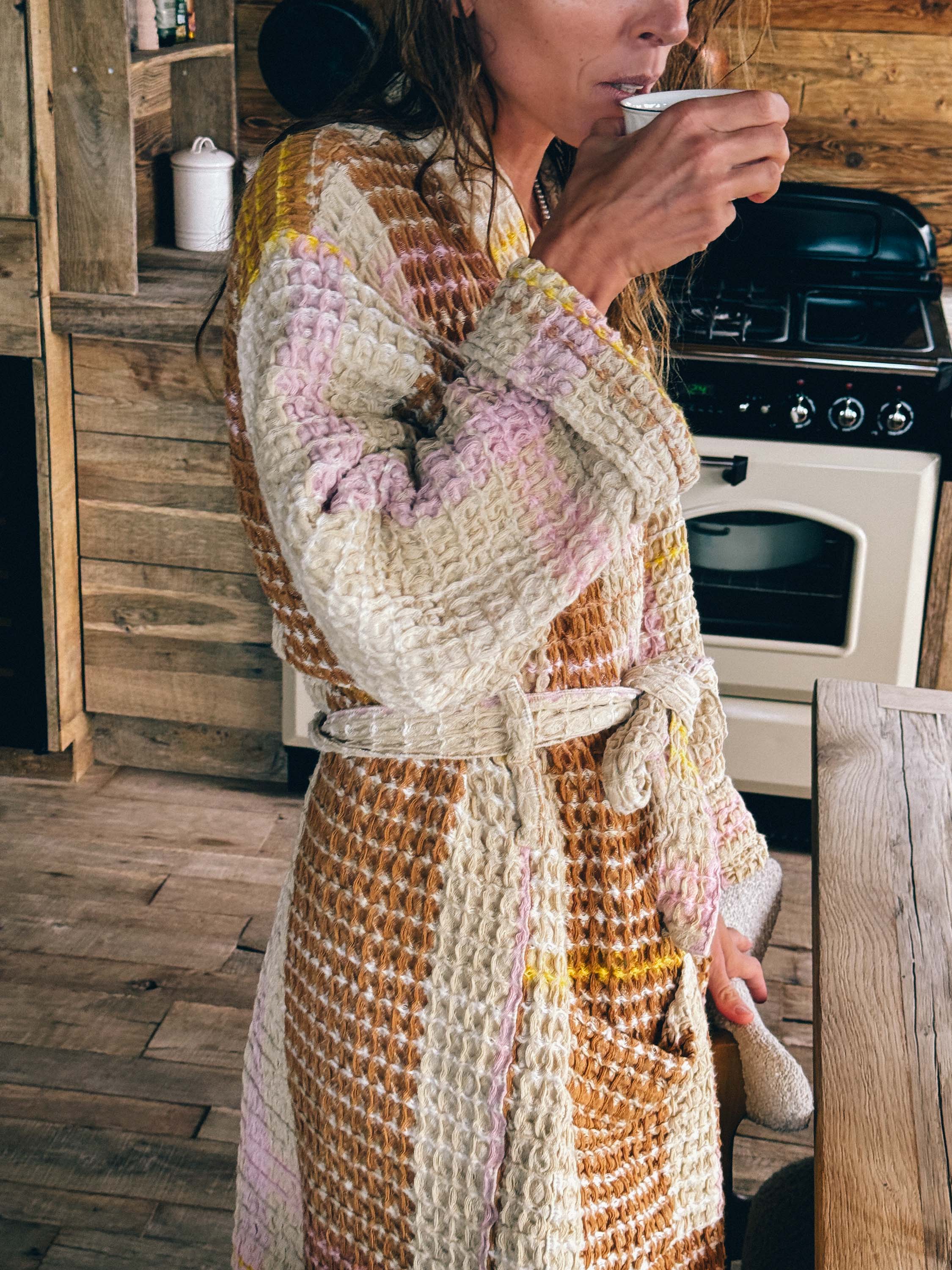 Cream Waffle Checked Bathrobe