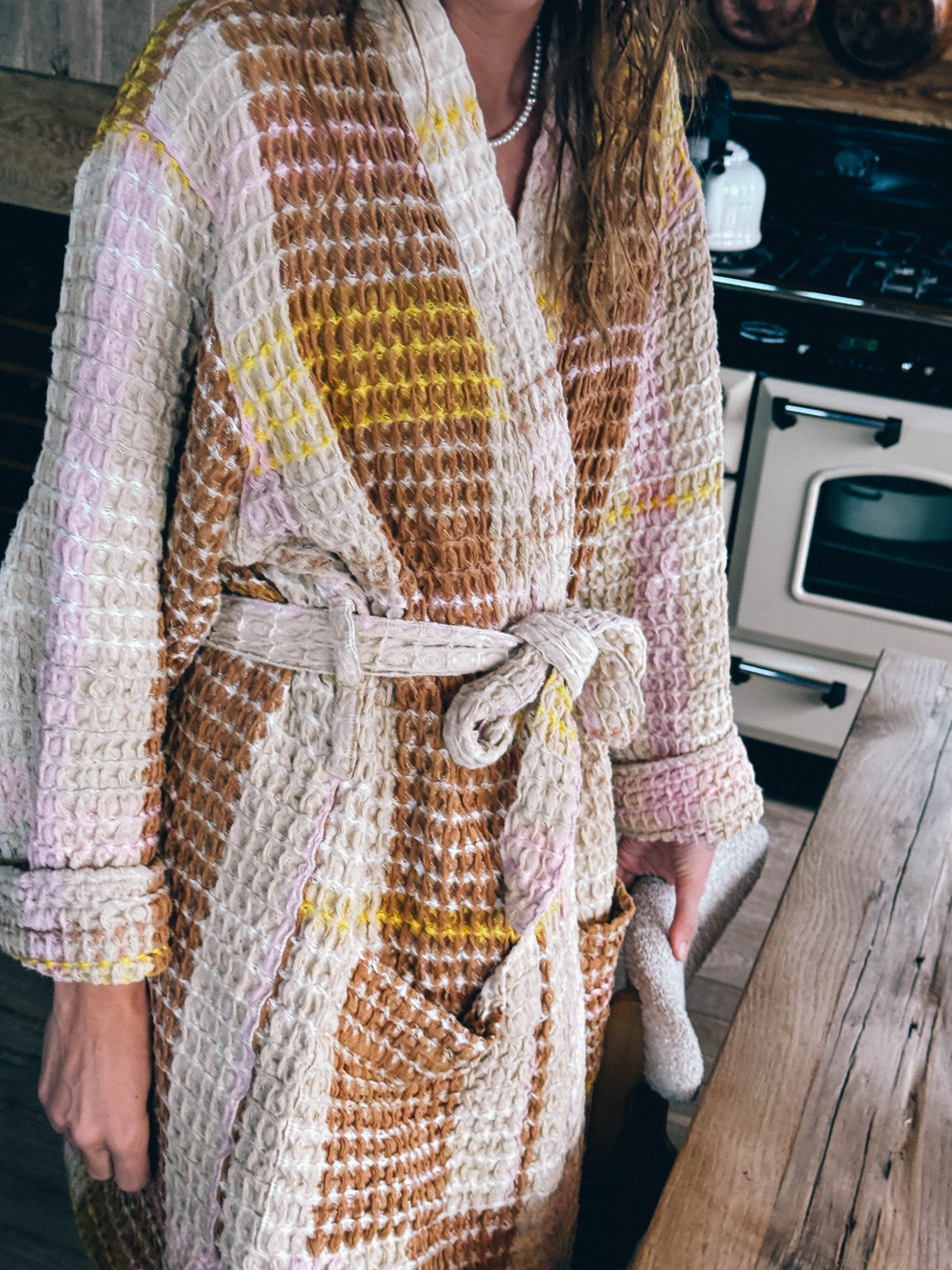 Cream Waffle Checked Bathrobe