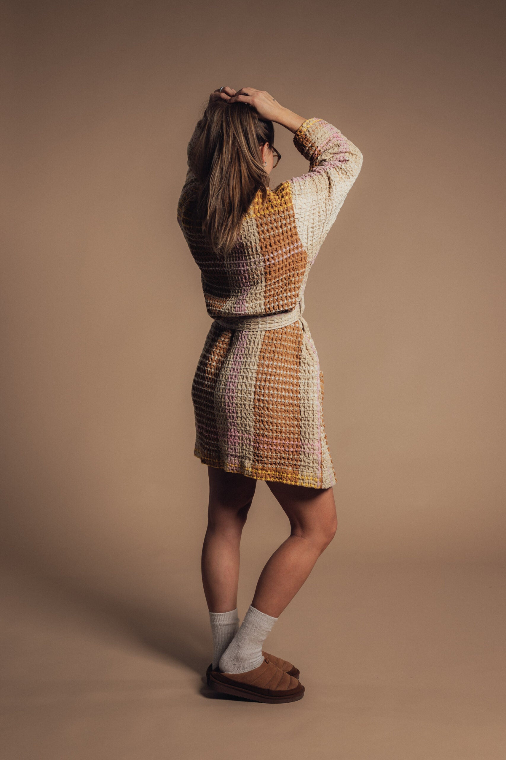 Cream Waffle Checked Bathrobe