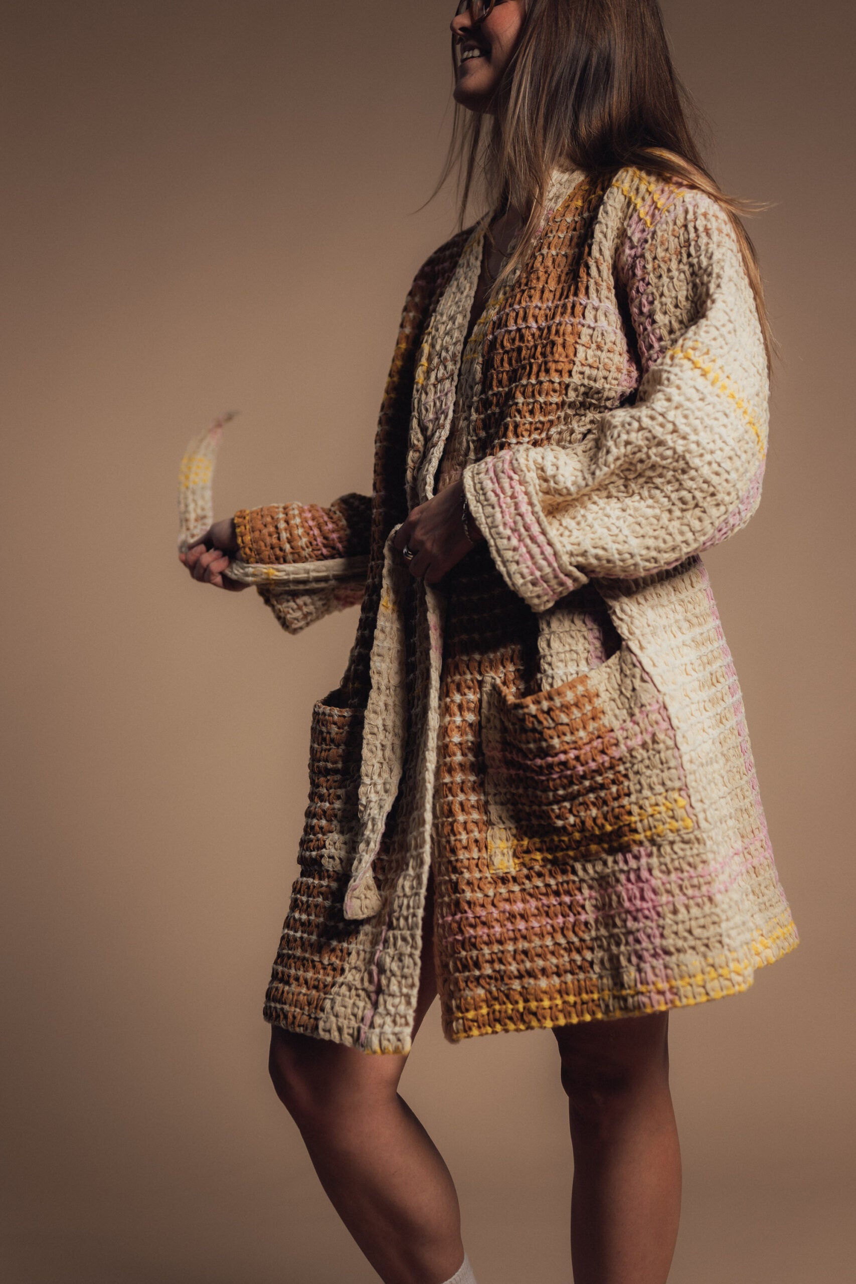 Cream Waffle Checked Bathrobe