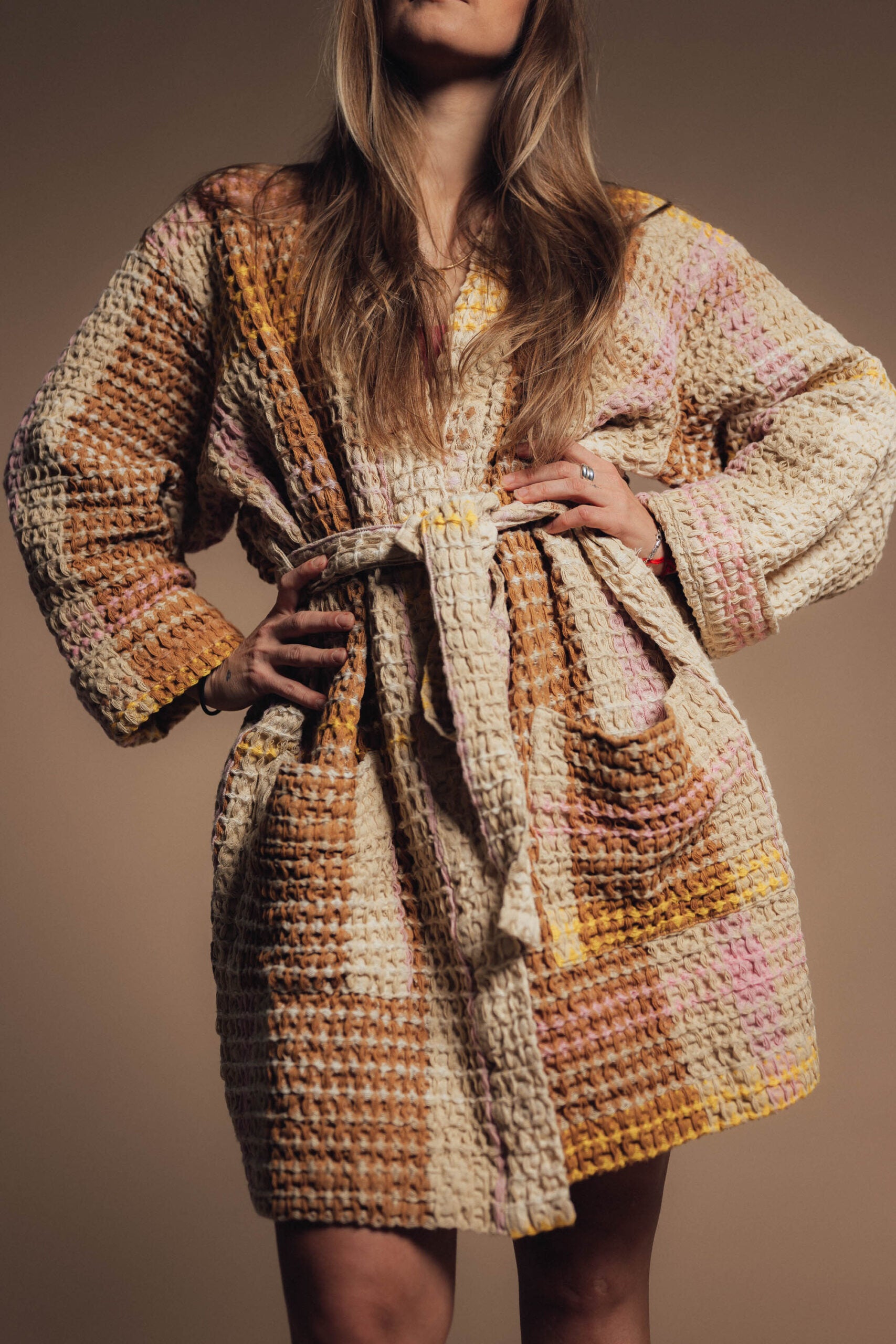 Cream Waffle Checked Bathrobe