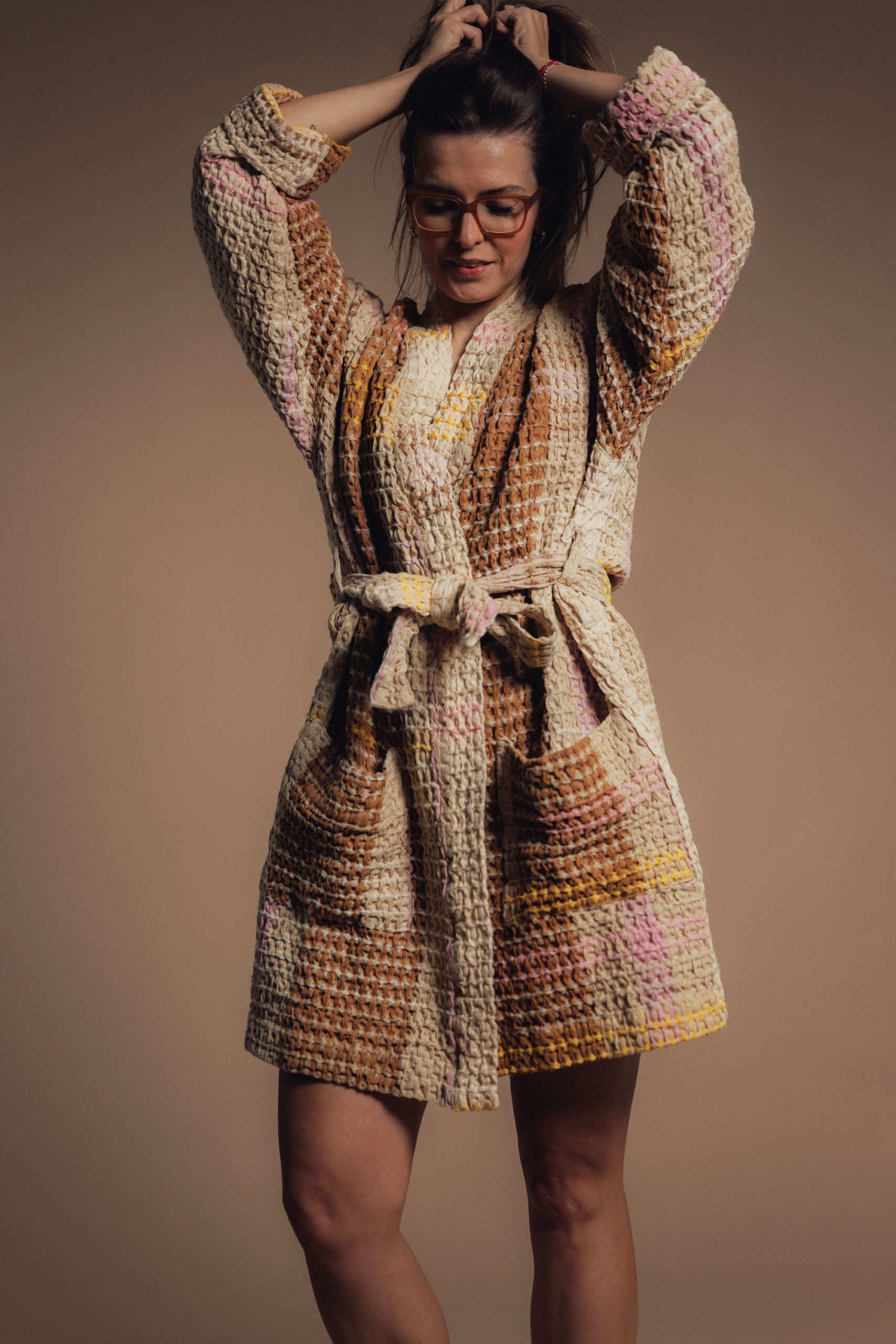 Cream Waffle Checked Bathrobe