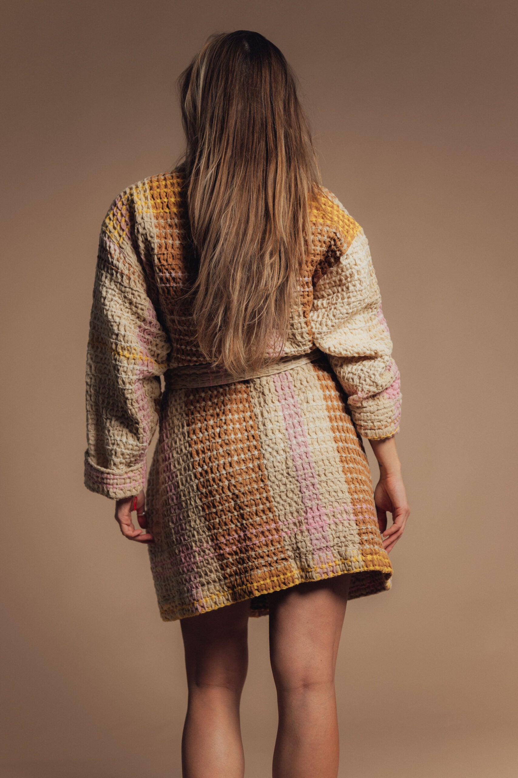 Cream Waffle Checked Bathrobe