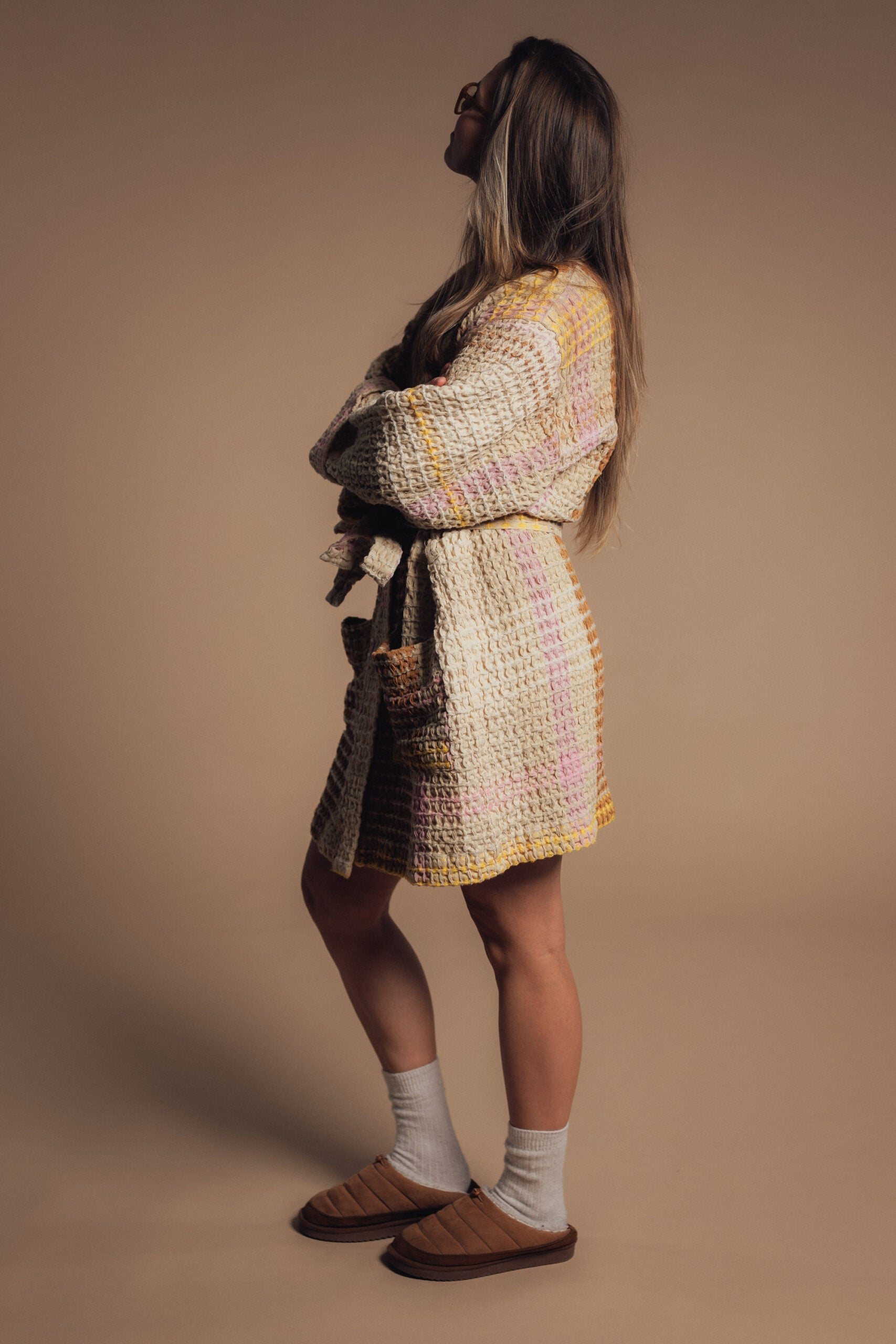 Cream Waffle Checked Bathrobe