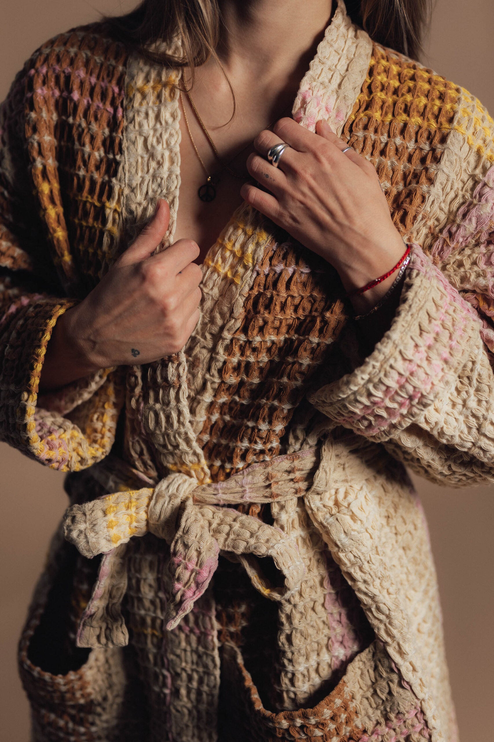 Cream Waffle Checked Bathrobe