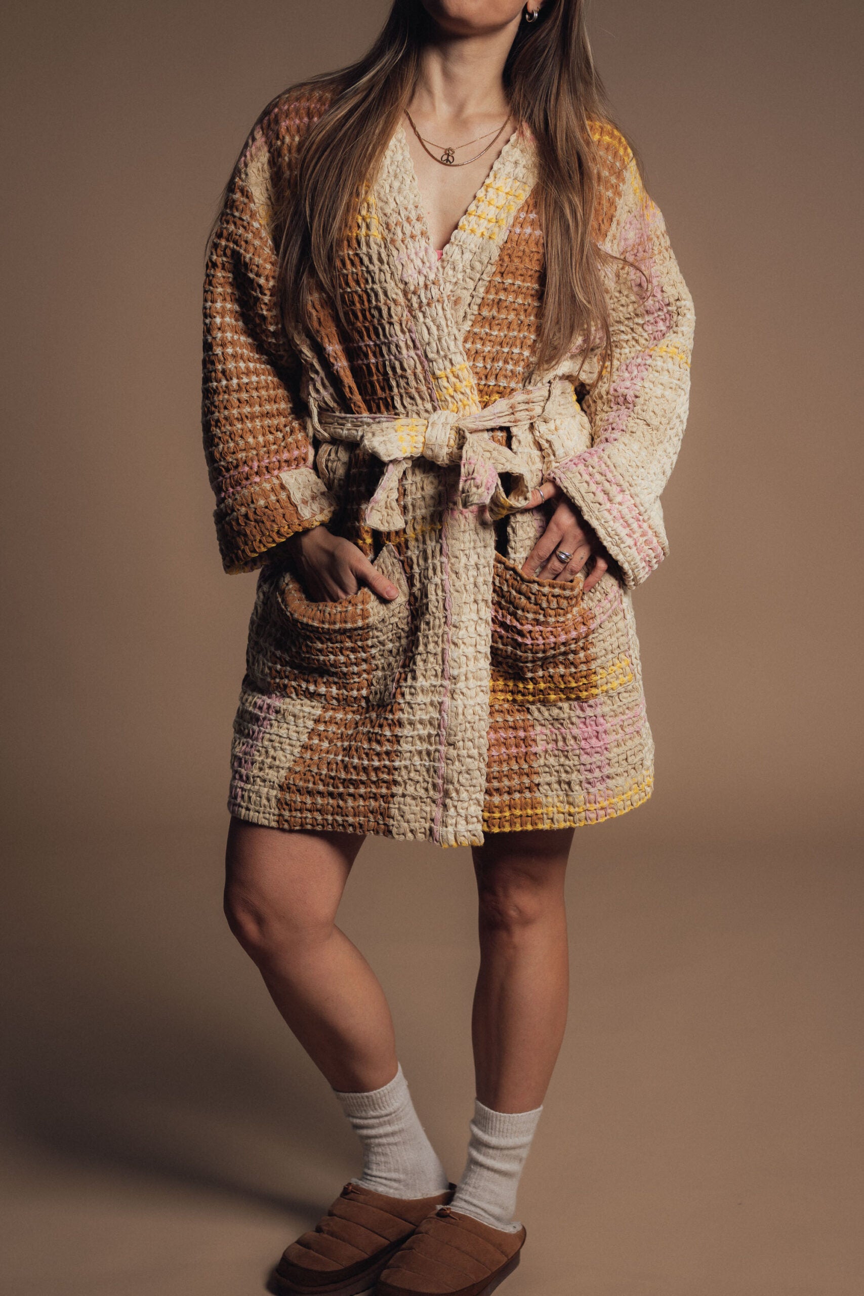 Cream Waffle Checked Bathrobe