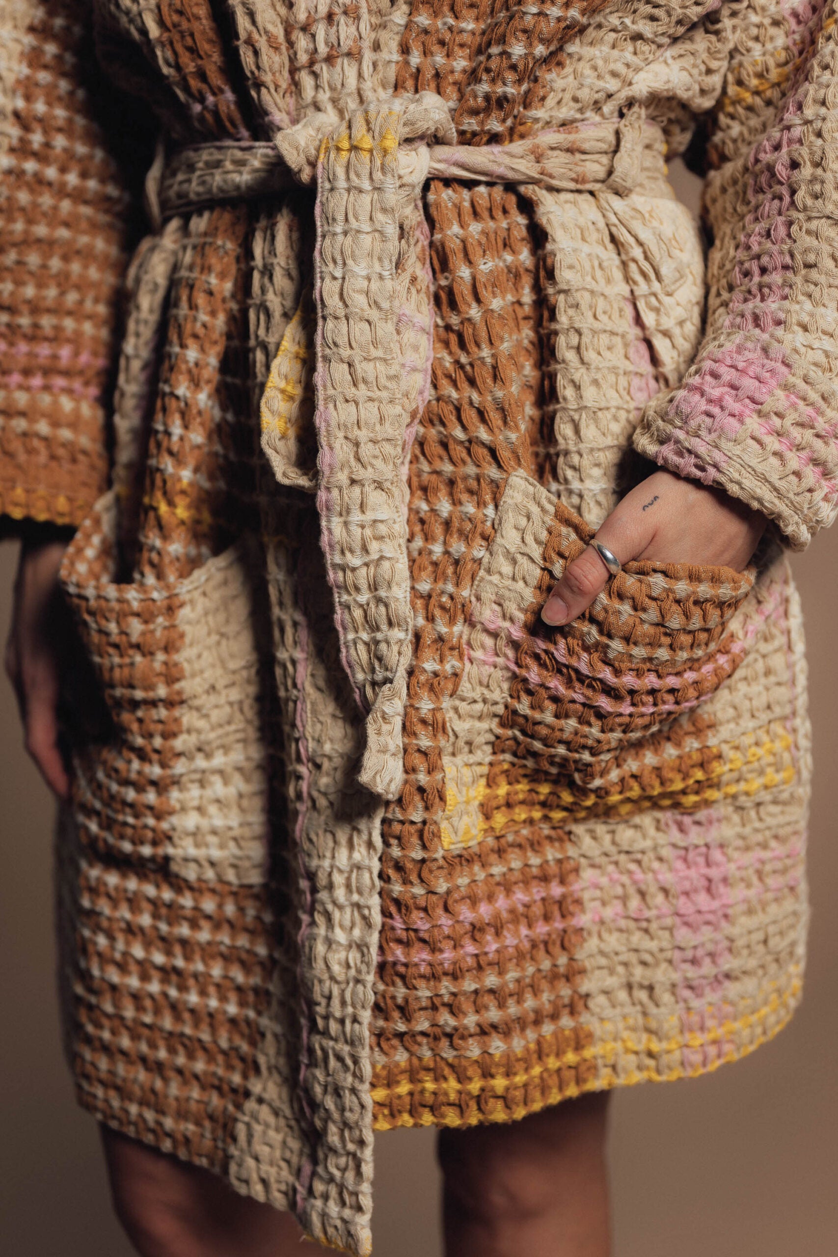 Cream Waffle Checked Bathrobe