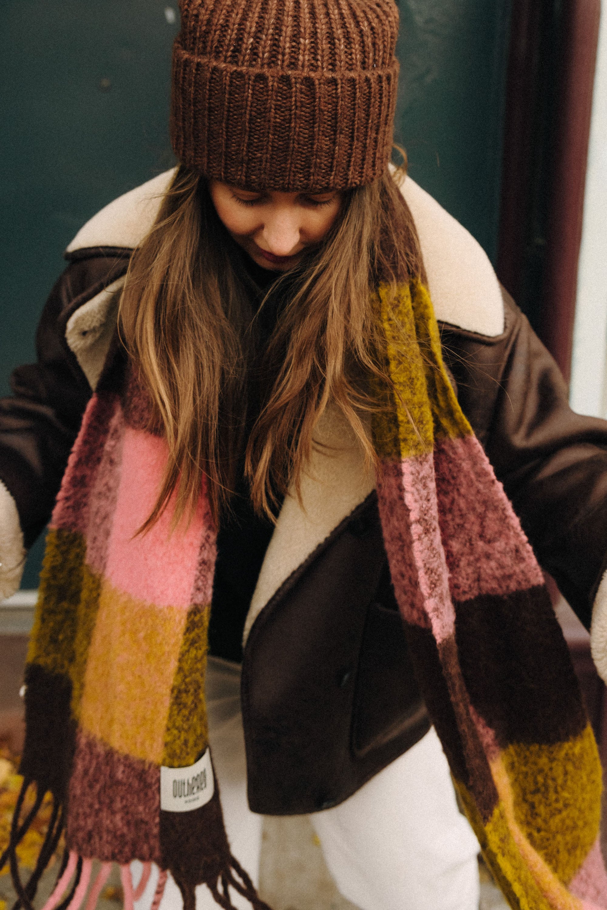 Szalik w kratę Alpaka Pink Brown