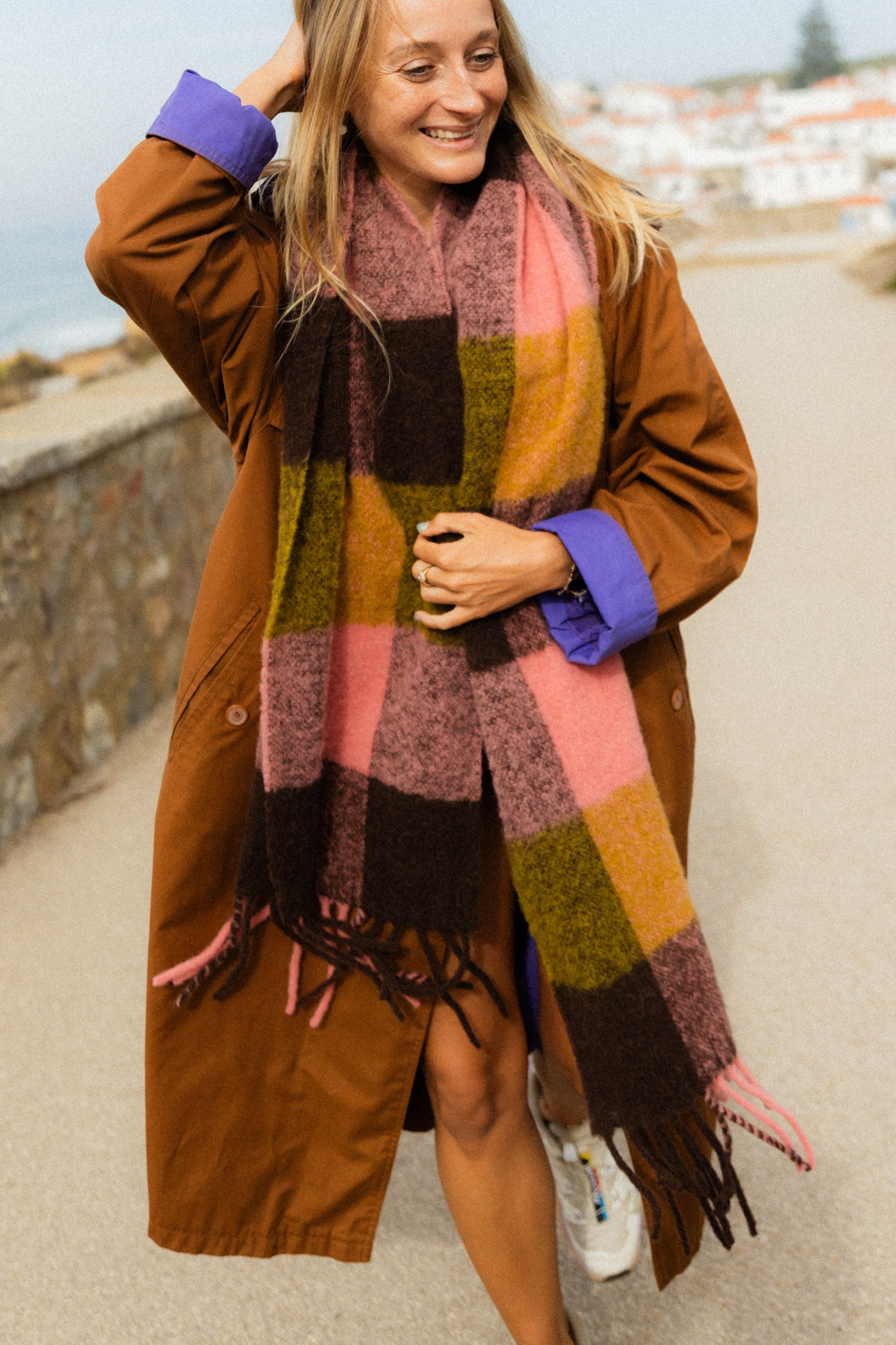 Szalik w kratę Alpaka Pink Brown