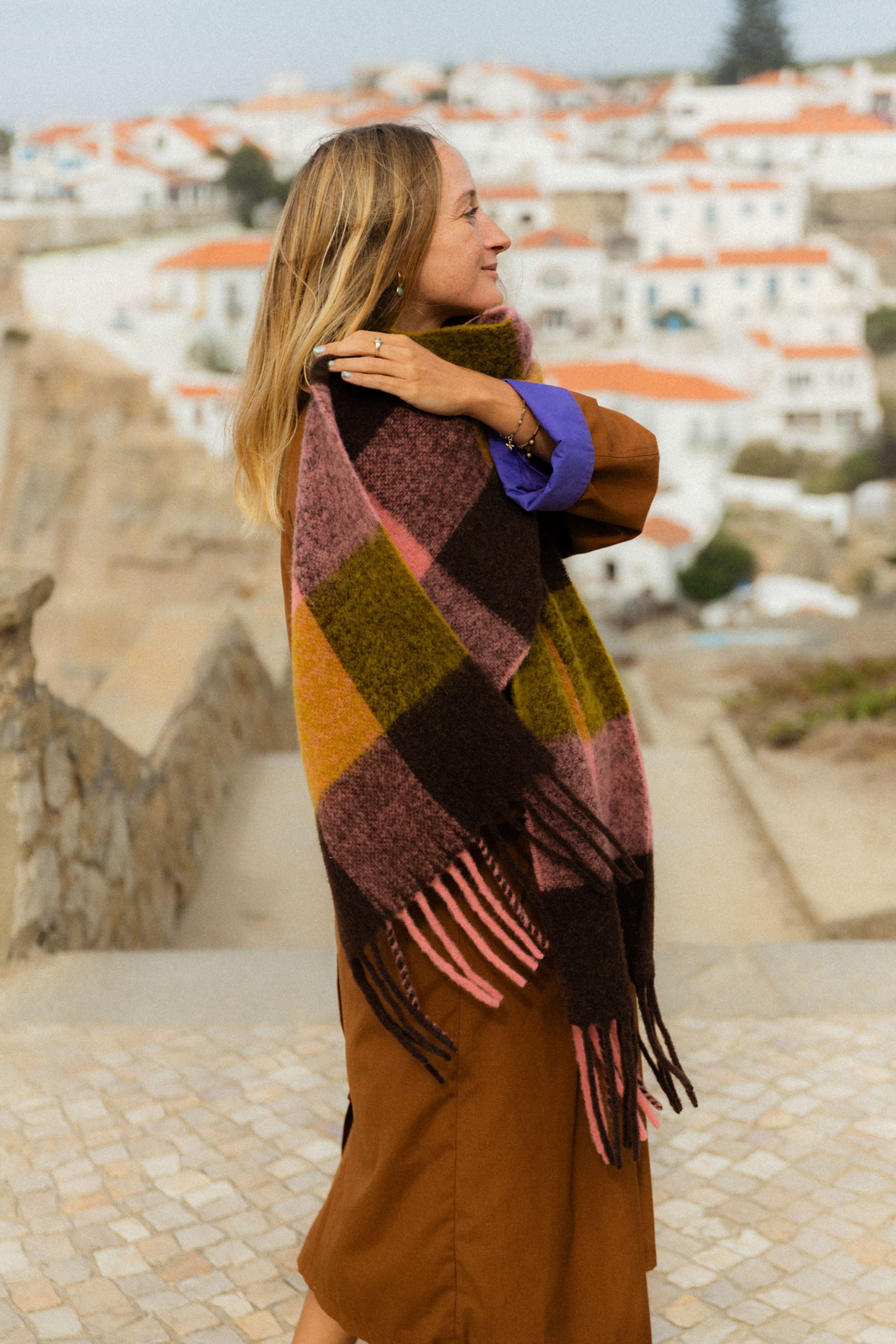 Szalik w kratę Alpaka Pink Brown