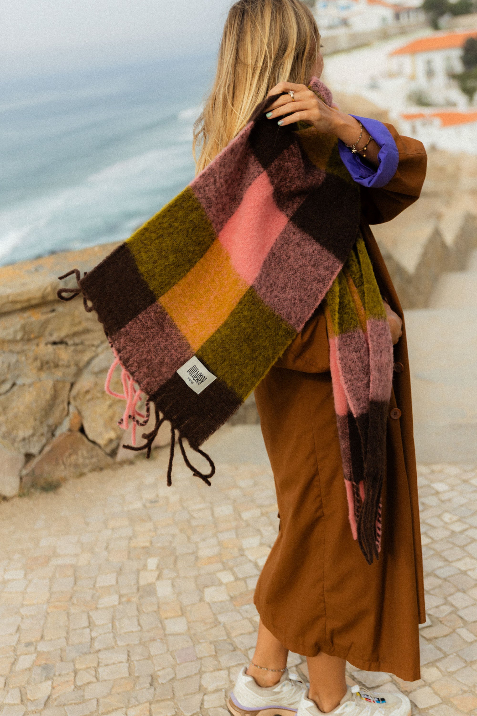 Szalik w kratę Alpaka Pink Brown