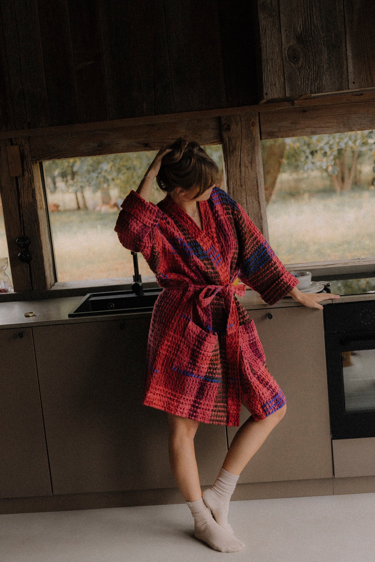 Red Waffle Checked Bathrobe