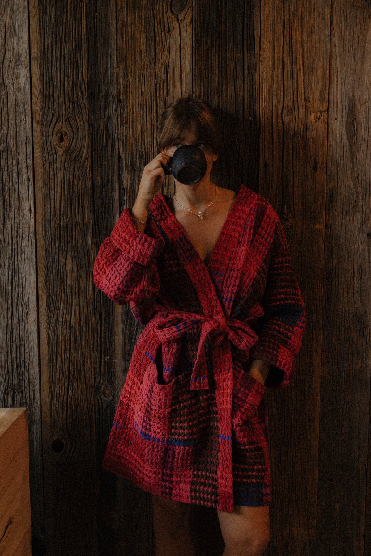 Red Waffle Checked Bathrobe