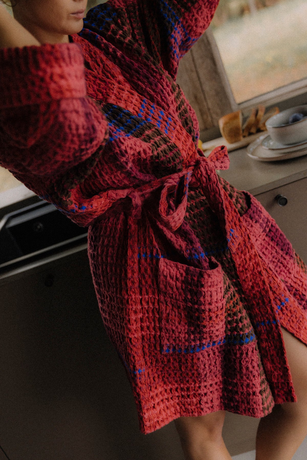 Red Waffle Checked Bathrobe