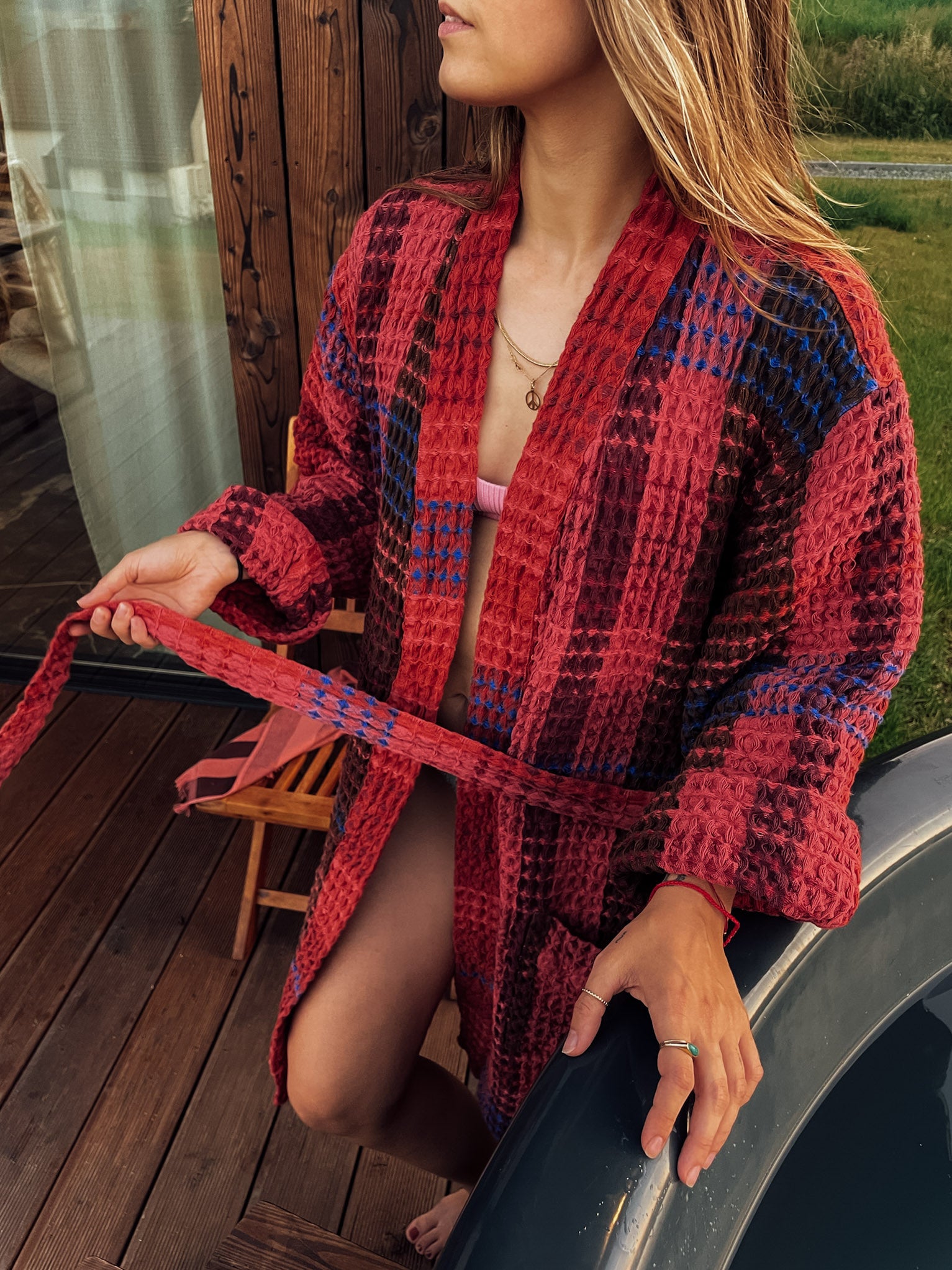 Red Waffle Checked Bathrobe