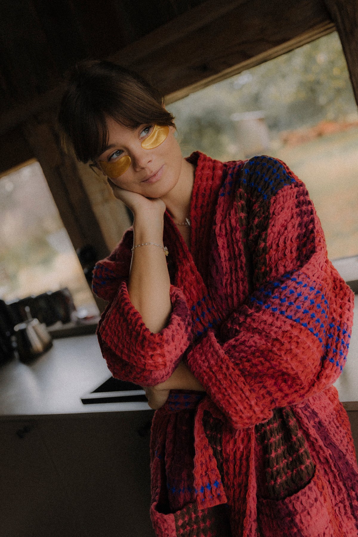 Red Waffle Checked Bathrobe
